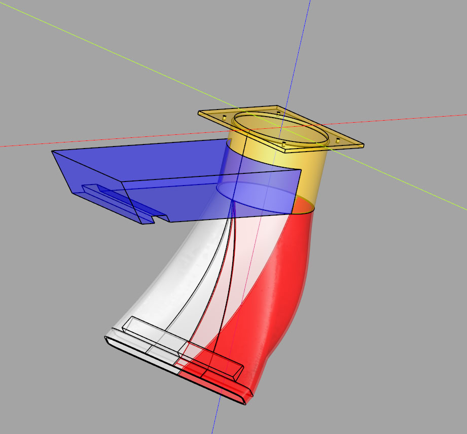 A CAD drawing of the first, complicated 3D model showing a fan housing, a 90-degree turn, and a rectangular outlet.