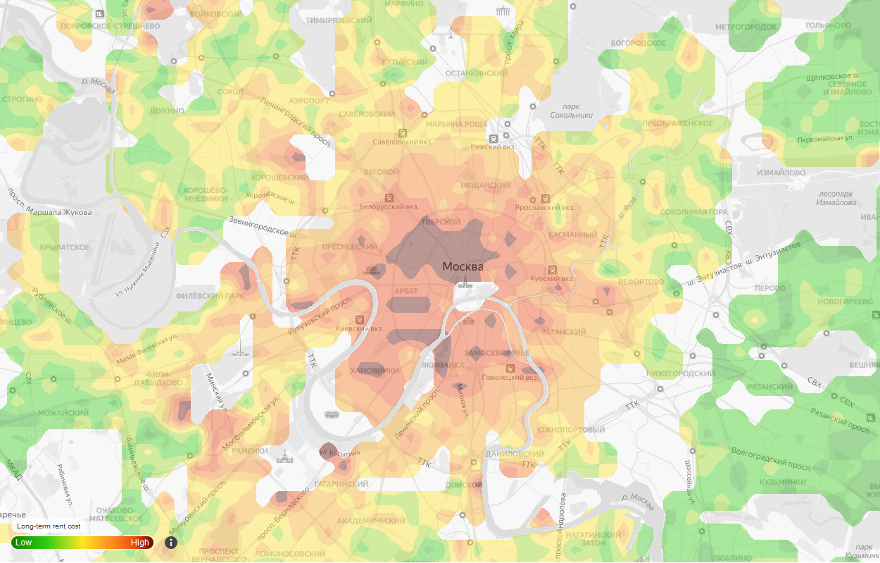 Heat map of rent prices of Moscow. Higher prices in city center