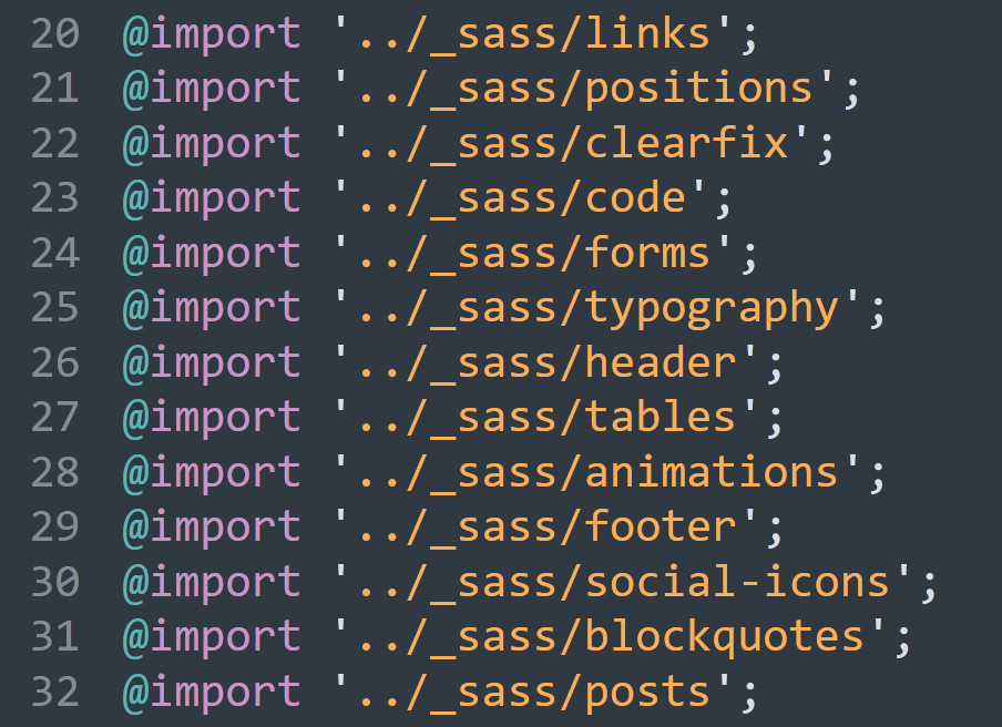 Part of includes listing @importing separate SASS files for links, code, header, etc